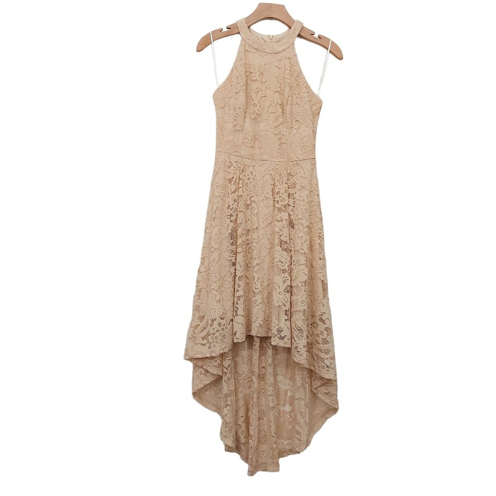 Dressystar Halter Floral Lace Cocktail Bridesmaid Dress High-Low Small Beige - Picture 2 of 12
